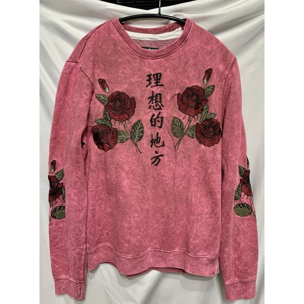 Blind Rooster Womens Sweatshirt Small Pink Embroidered Red Roses Chinese Letters